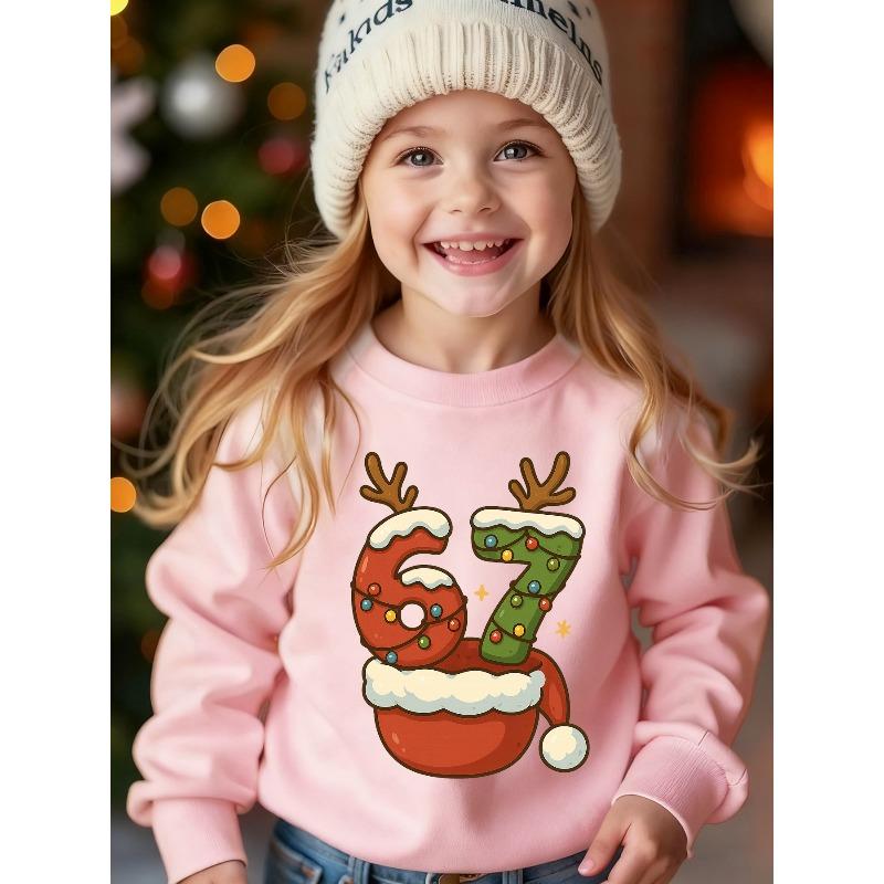 Unisex Kids Black Crewneck Sweatshirt For 4-12 Boys Girls Christmas Reindeer Antler Santa Hat Number 67 Light Star Print Soft Long Sleeve Pullover