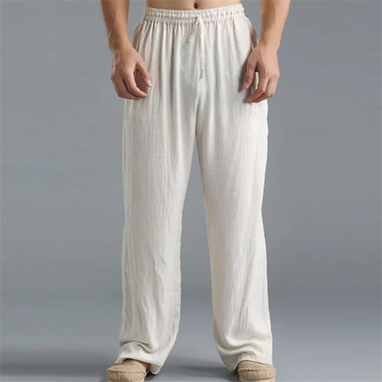 New youth male solid colour cotton linen drawstring loose casual trousers
