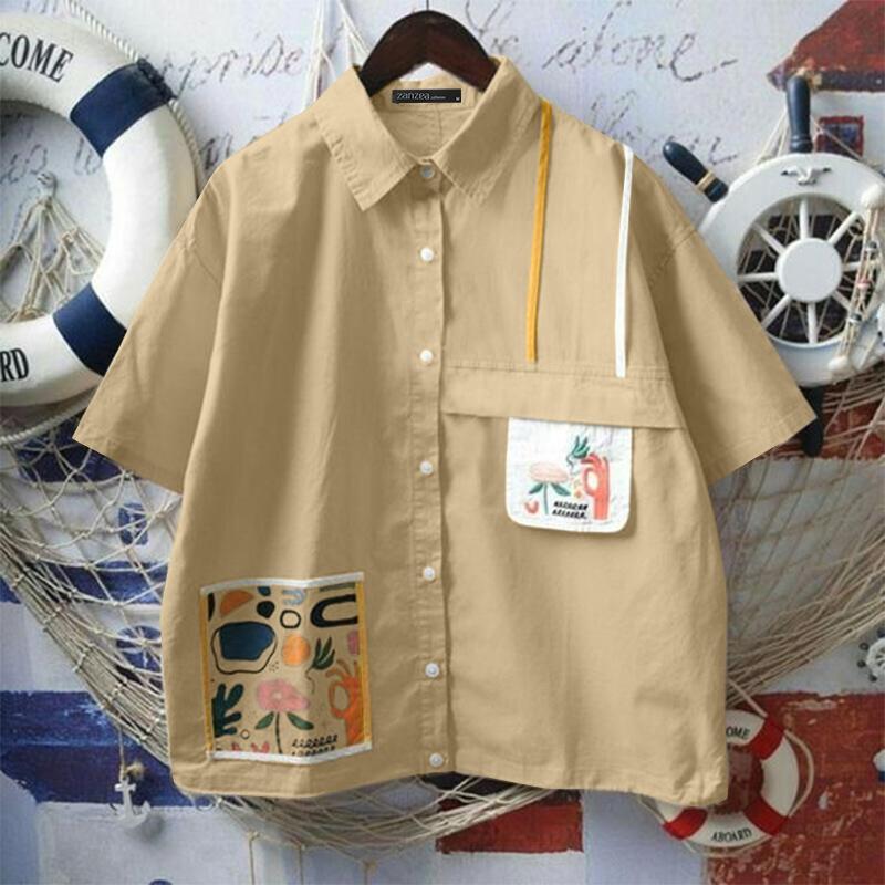 

ZANZEA Women Summer Shirt Collar Short Sleeve Printed Loose Shirts M жовтий