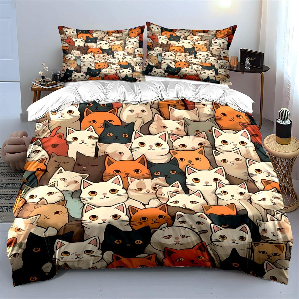 Adorable Colorful Cat Pattern Bedding Duvet Cover Set (1*Duvet Cover 2*Pillowcases, Without Duvet Insert)