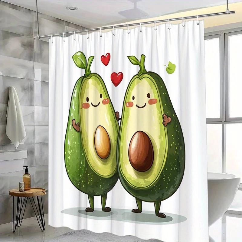 ~O~Fun Avocado Shower Curtain - Red Hearts & Cartoon Design, Polyester, 12 Hooks, Cheerful Bathroom Decor, Great for Youngsters