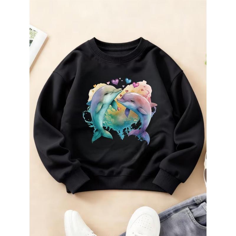 Kids Crewneck Long Sleeve Sweatshirt, Dreamy Healing Ocean Dolphin Couple Print 110 чёрный