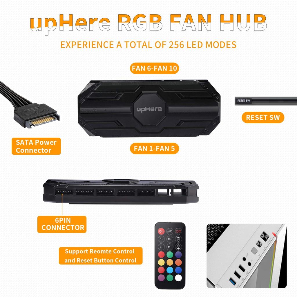 UpHere ARGB 120 mm PC-Gehäuselüfter, 6-PIN-Anschluss, leise, hohe Leistung, 5 V, 3-PIN-ARGB-Motherboard, AURA Sync, Sync-Lüfter-Hub, Fernbedienung enthalten, 6 Stück, 1 Set, Schwarz