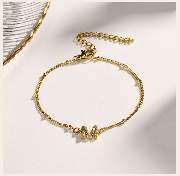 Charms Pave Initial Letter Bracelet, Paperclip Satellite Chain Stainless Steel Gold Plated, Handmade Jewelry for Women