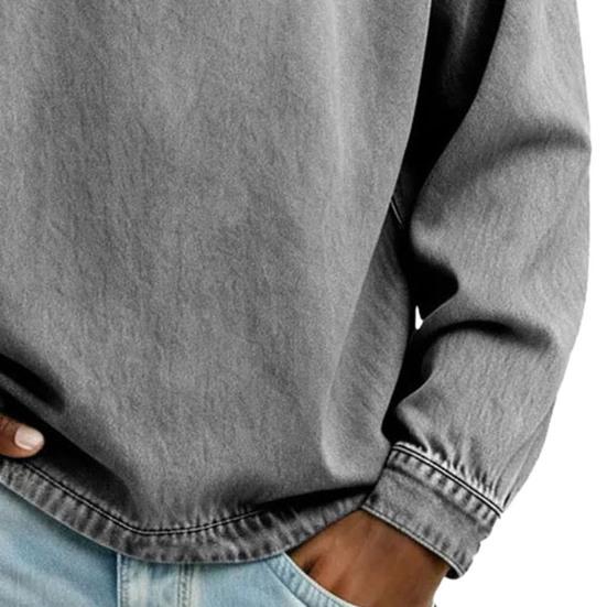 Men Denim Pullover Quarter Zip Stand Collar Vintage Casual Sweatshirt Distressed Loose Mock Neck Golf Shirt for Party Street Vacation