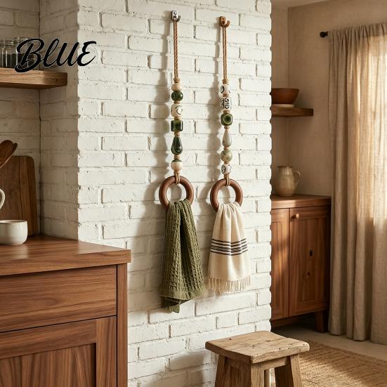 Rustikaler Holzperlen-Handtuchhalter Perlenaufhänger mit Holzring Böhmischer Bauernhaus-Halter Küchenlappen-Aufbewahrungsregal Wandmontiert Hanfseil