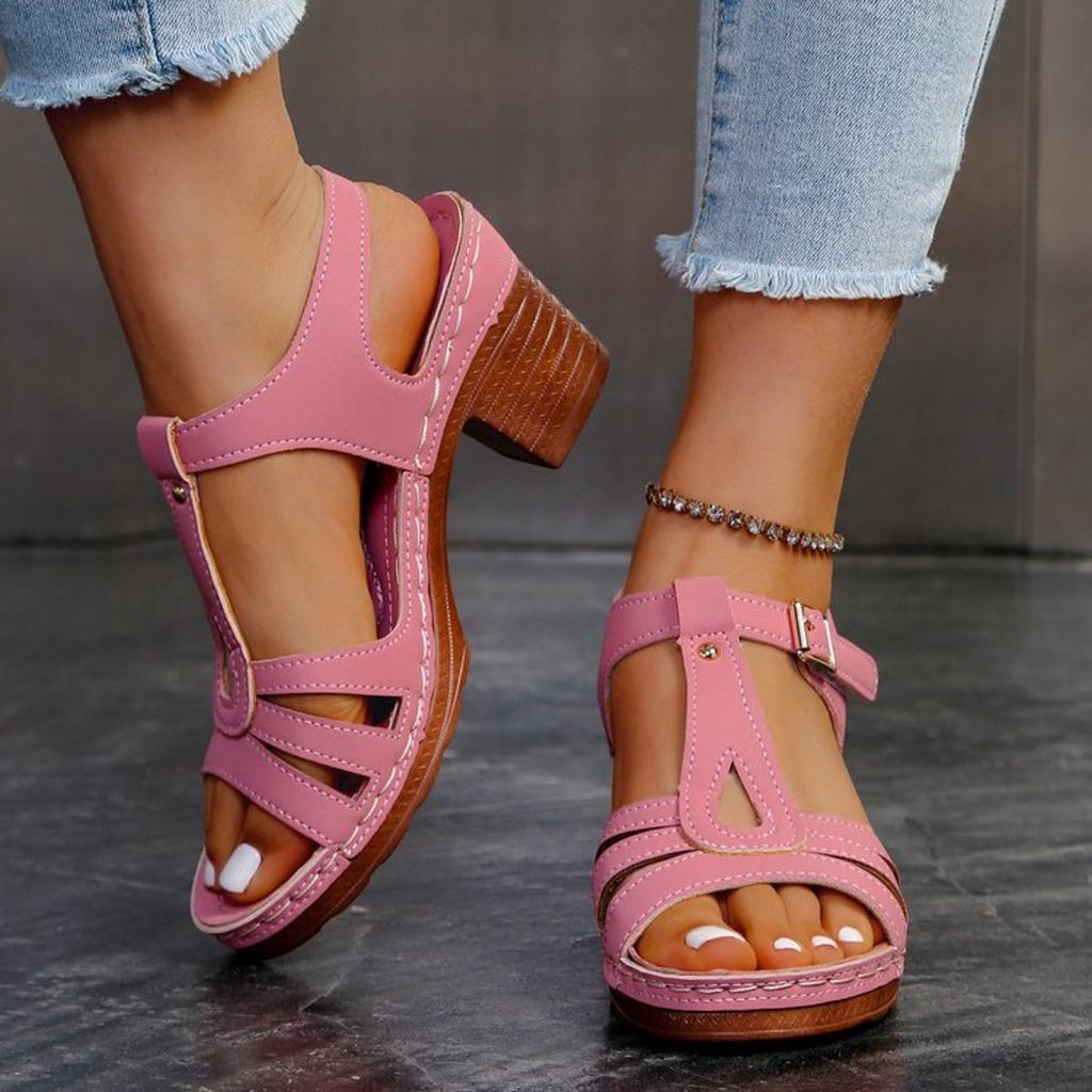 New Ethnic Style Roman Style Sandals with Summer Thong High-heeled Shoes with Velcro, Casual European and American Thick Heel High-heeled Shoes
