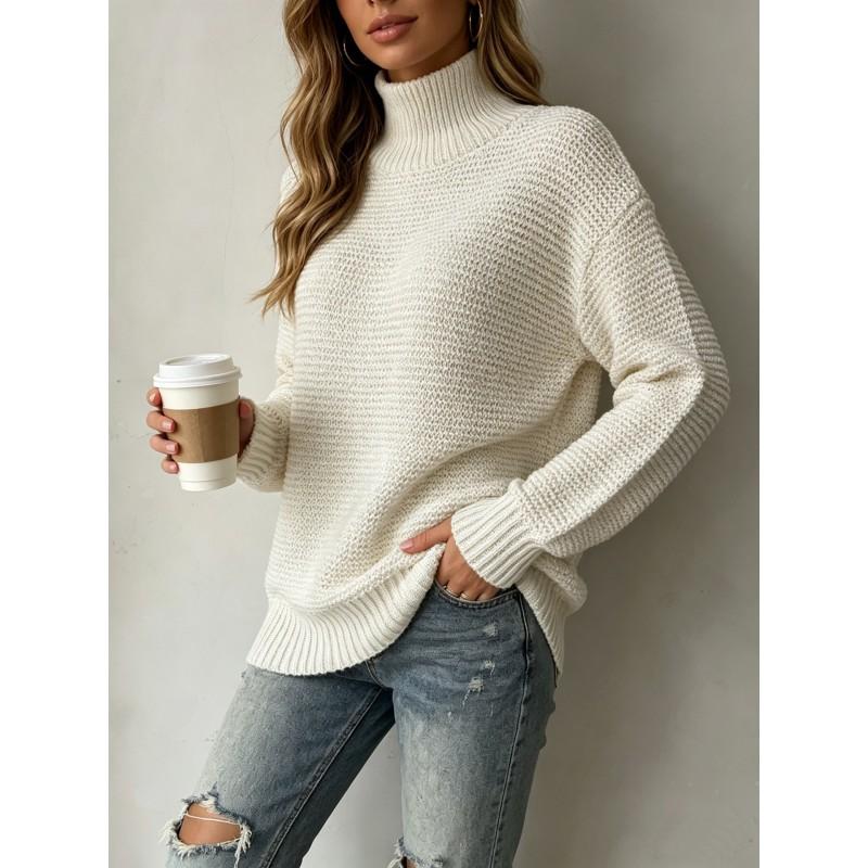 Womens Loose Knit Sweater Pullover Round Neck Solid Color Long Sleeve Casual Top Winter