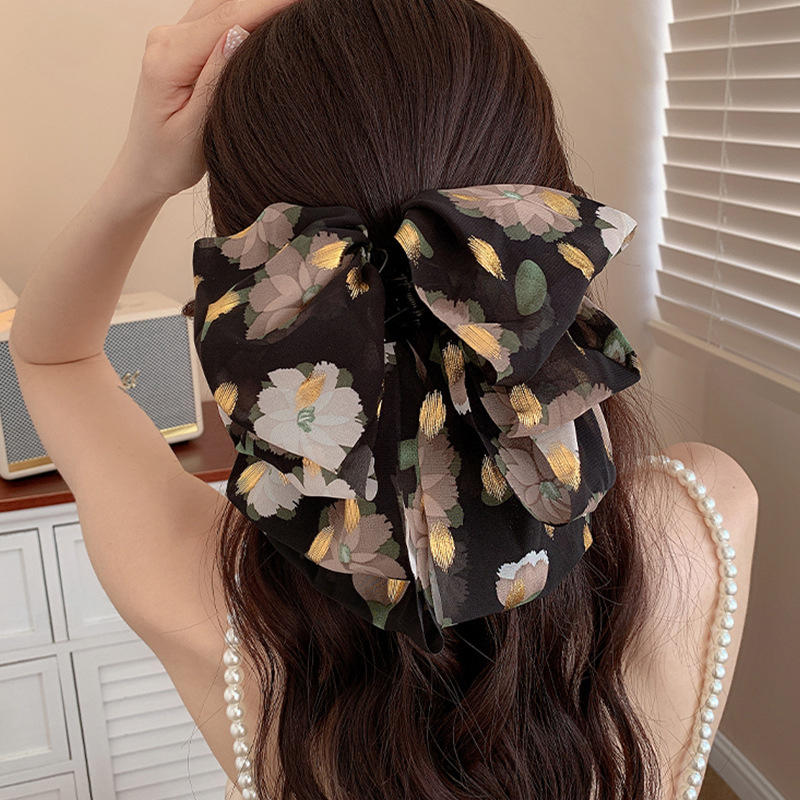 Elegant Women Large Bow Hair Claw Chiffon Big Bowknot Stain Bow Barrettes Hairpin Women Color Ponytail Clip Exquisite Sweet Hair Accessories