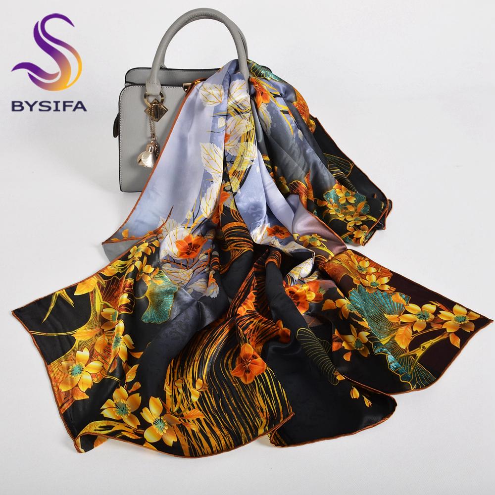BYSIFA|New Blue Green 100% Silk Shawl Scarf Women Fashion Floral Design Scarves Hijabs Brand Accessories Scarf Wrap Cape 110*110
