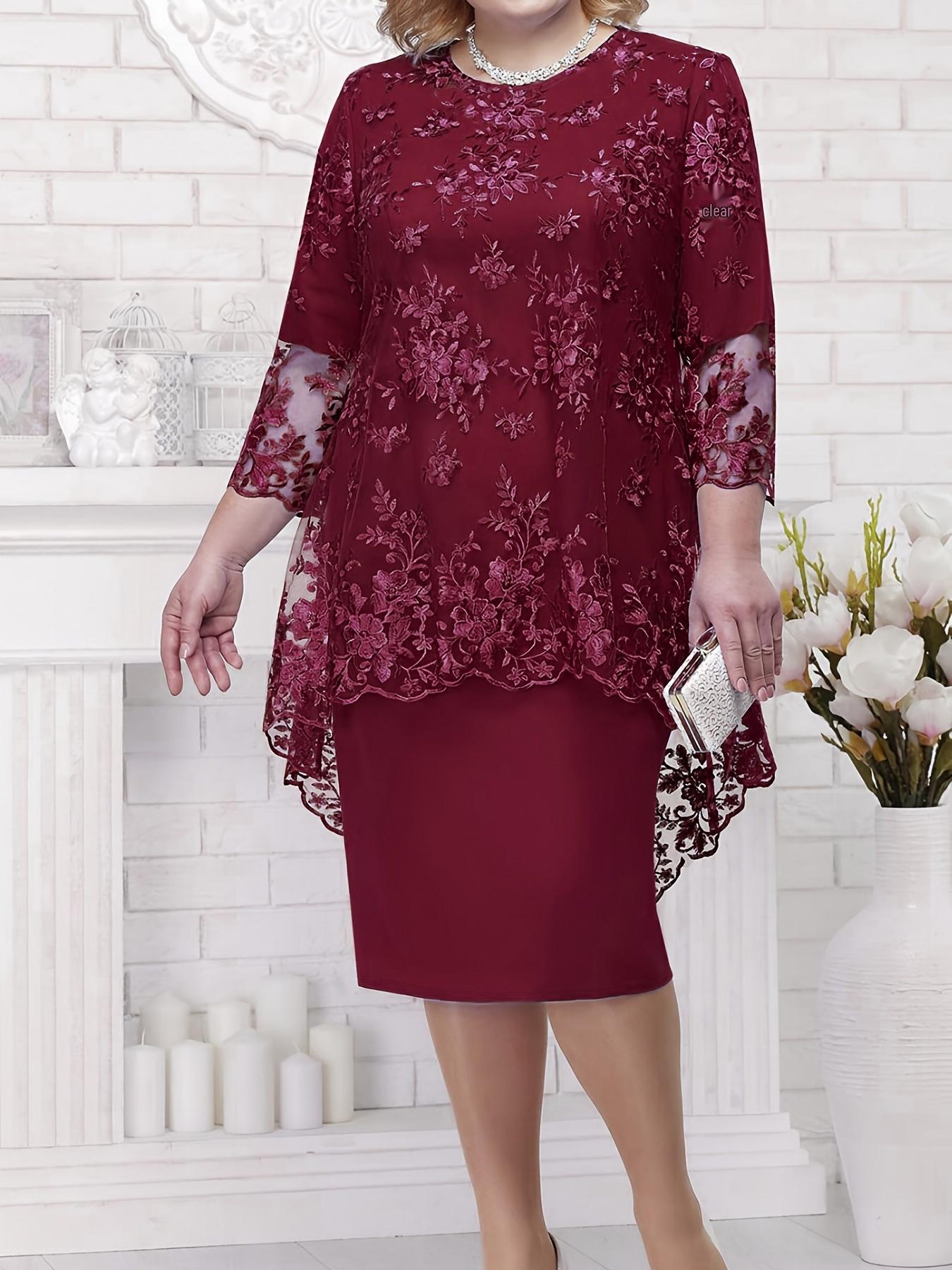 

Plus Size Elegant Heavy Lace Embroidered Two-Piece Evening Gown for Women 3XL вина червоного кольору