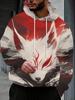 Men'S Individual Trendy Street Style Hooded Sweatshirt Red White Fox, Flame Tattoo, Mane Flying, Red Black Interwoven Background Show Mysterious -
