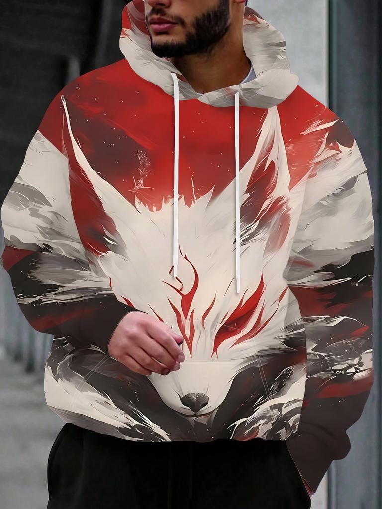 Men'S Individual Trendy Street Style Hooded Sweatshirt Red White Fox, Flame Tattoo, Mane Flying, Red Black Interwoven Background Show Mysterious -