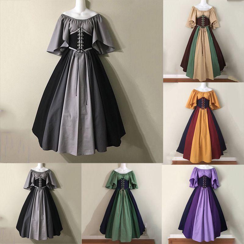 Halloween Women Medieval Fancy Cosplay Costume Stitching Lace Up Maxi Dress