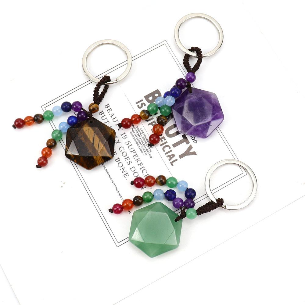 Natural Crystal Stone Hexagram Keychain Pendant Colorful Chakra Beaded Luggage Pendant K44