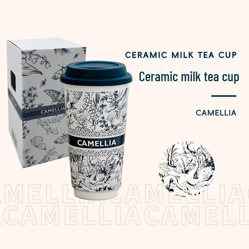 

Chinese Style Ceramic Milk Tea Cup with Lid, Large Capacity, Portable and Stylish for Home Use 580ml синий