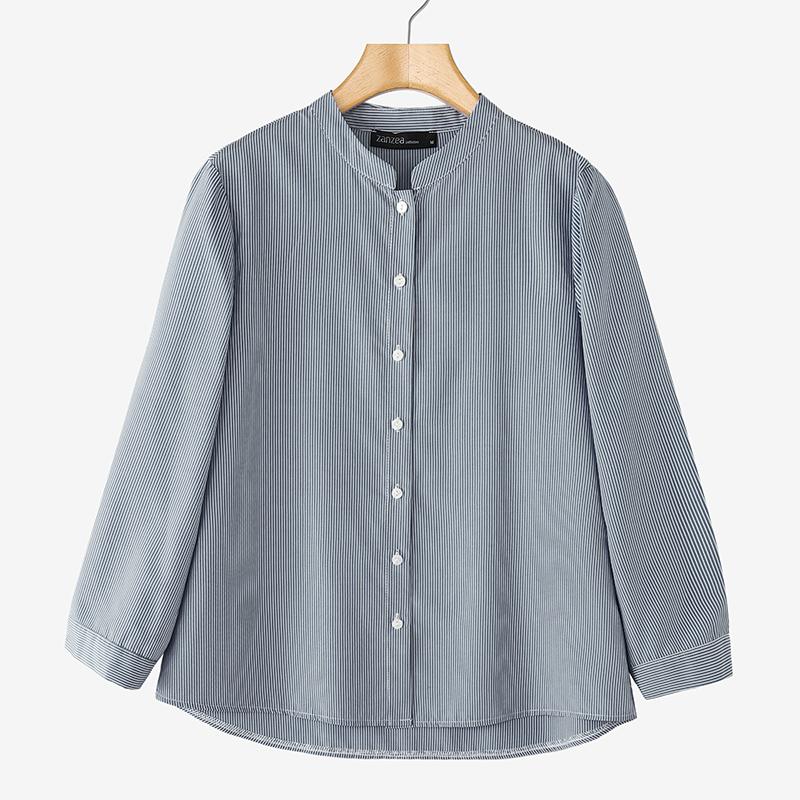 ZANZEA Womens Casual Stand Collar Loose 3/4 Sleeve Stripe Blouse