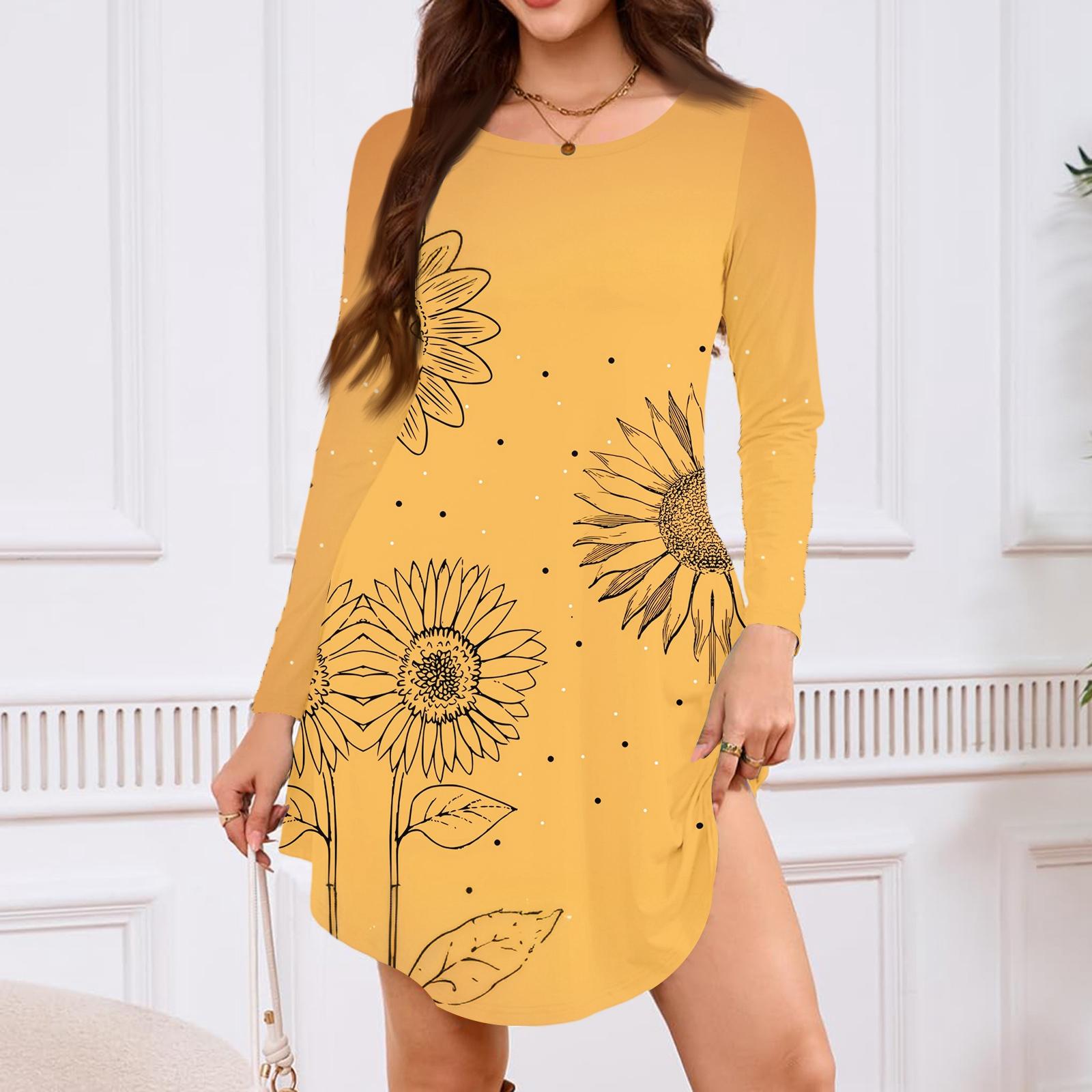 

Женское платье-футболка с длинным рукавом, круглым вырезом, длиной до колена, свободного кроя, повседневное и с карманами L жёлтый
