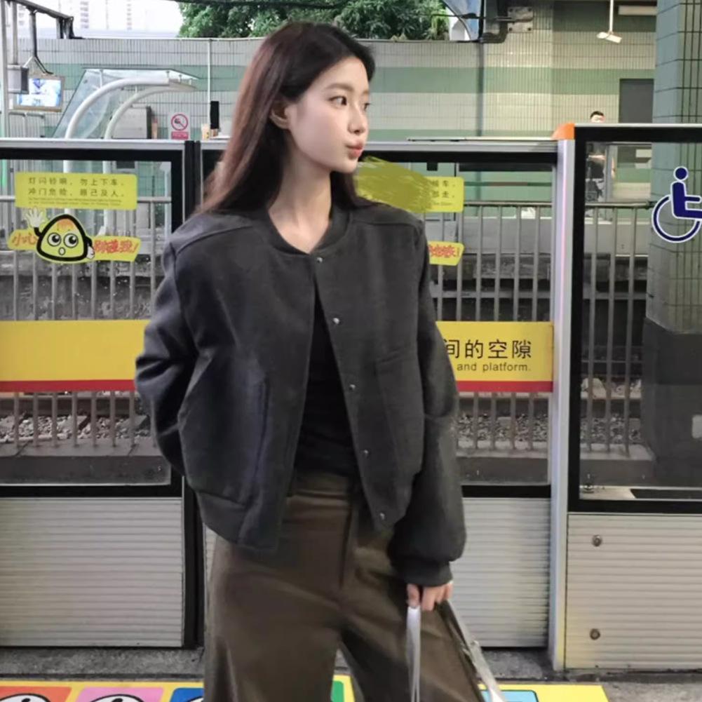 American Retro Gray Short Baseball Uniform Jacket for Women Spring and Autumn Design Niche Loose Casual Clip