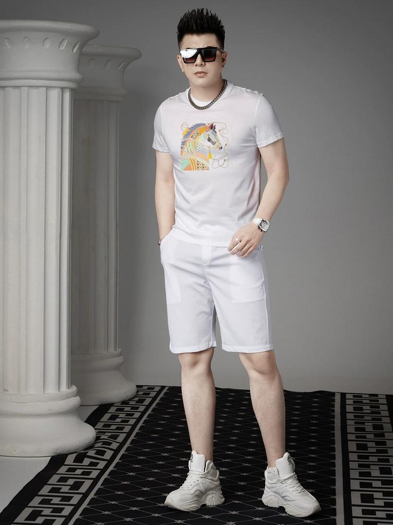 European Station 2025 Summer New Men's Round Neck Cartoon Print Short Sleeve T-Shirt Trendy Casual Half-Sleeve Top for Men