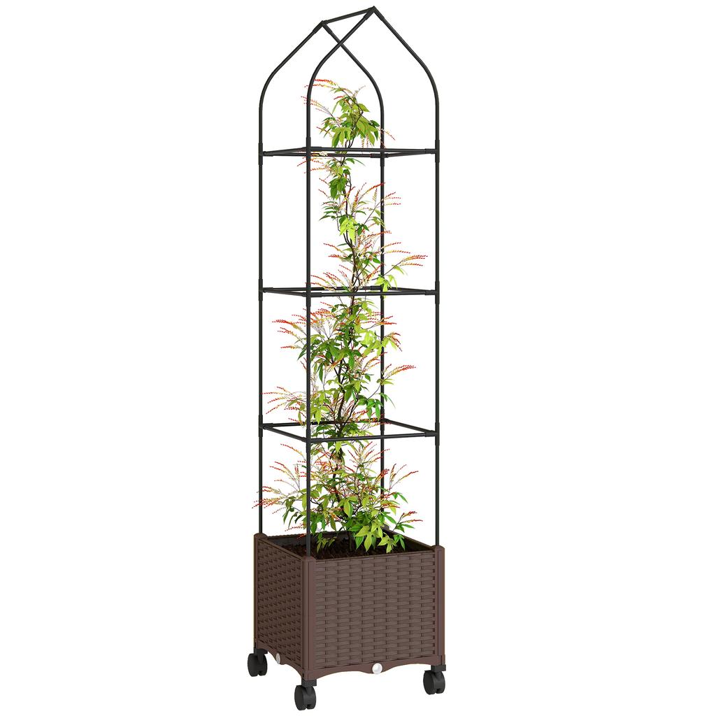 Raised Garden Bed with Trellis, Tomato Cage with Lockable Wheels, Self Watering Planter Box with Drainage Holes, Brown