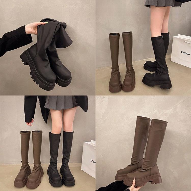 Thick-soled boots women's 2025 autumn new tall stacking boots increase height small thin boots Spice girl knight boots