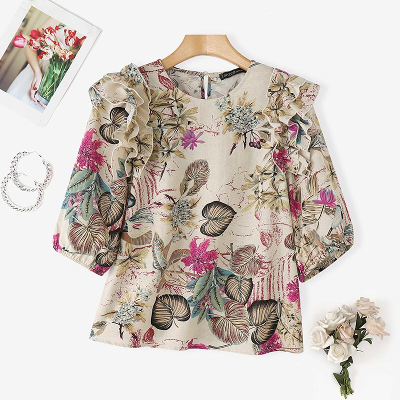 ZANZEA Women Summer Round Neck Casual Short Sleeve Floral Blouse
