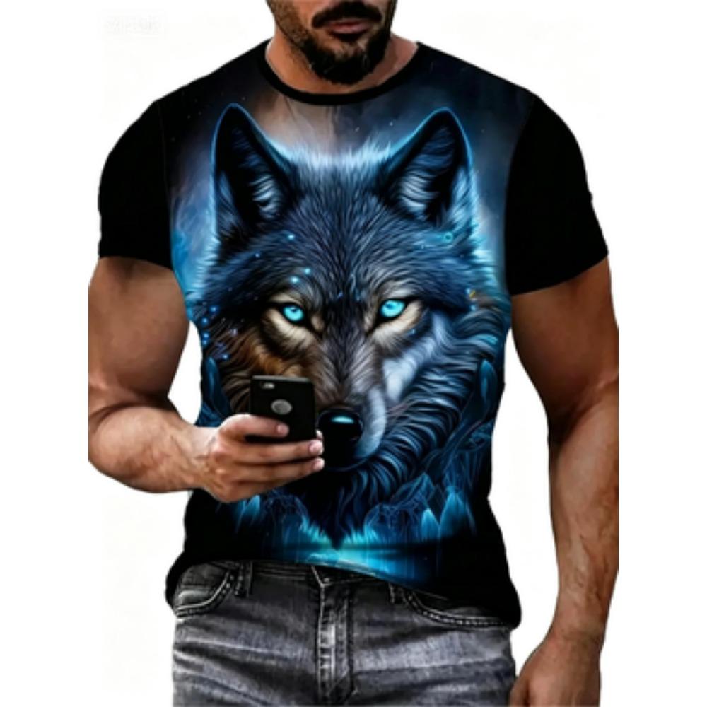 Fashionable Summer Men's Domineering Wolf Print Pattern Breathable Round Neck T-shirt Outdoor High Street Casual