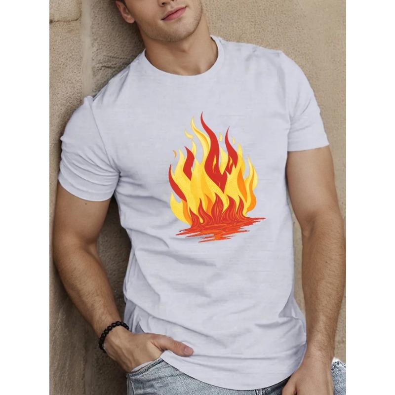 European Sizes Men'S Casual Crew Neck T-Shirt with Vibrant Dancing Flames, Knit Fabric, Slight Stretch, Regular Fit