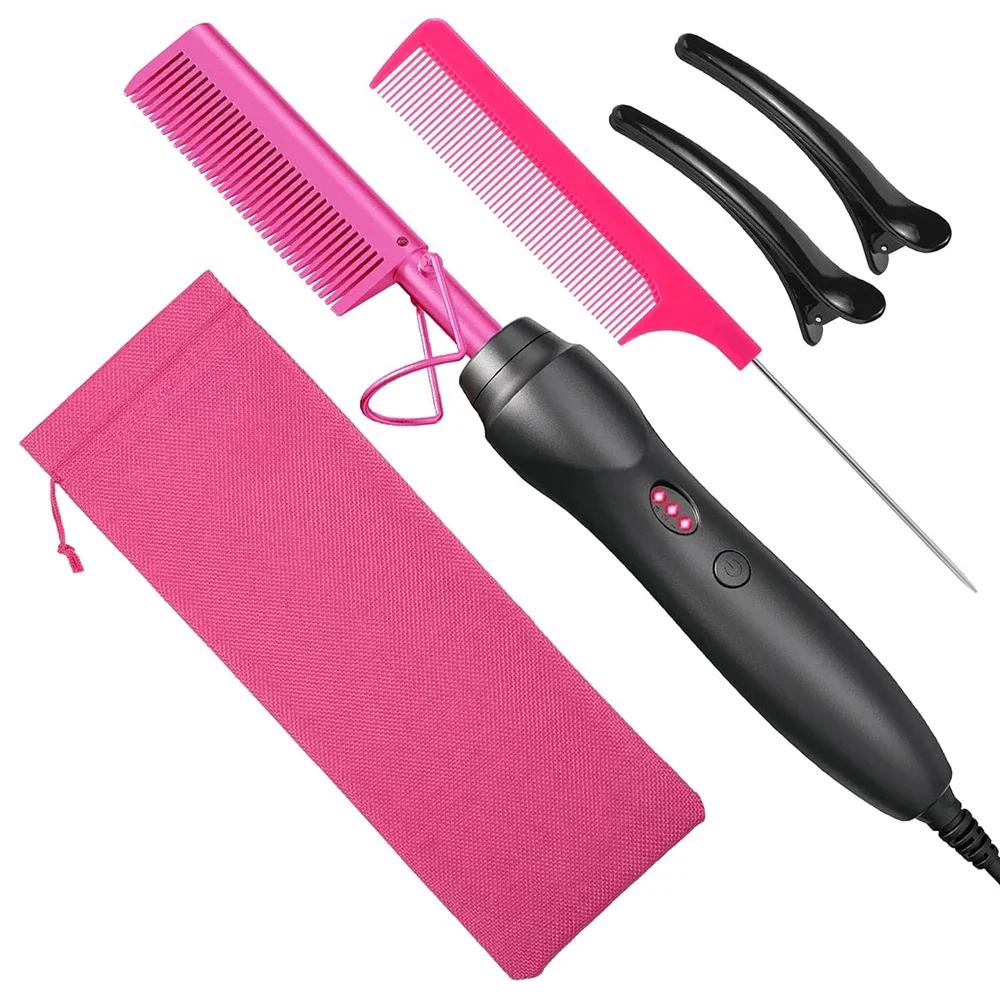 Heat Pressing Combs Portable Ceramic Curling Iron Hot Comb Hair Straightener for Hair Beard Wigs Wet and Dry Hair Styling Tools