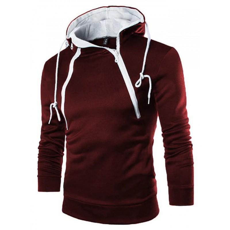 Mens Hooded Pullover Sweatshirt With Dual Zipper Front Contrast Color Design Soft Fleece Lined Long Sleeve Casual