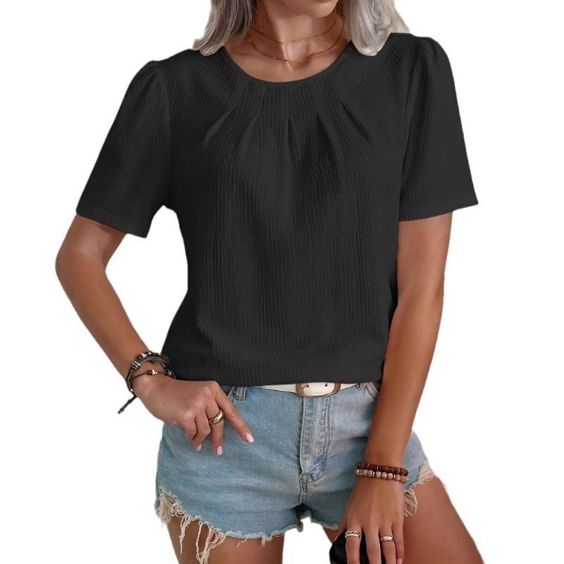Camicetta Casual da Donna Nera con Scollo Rotondo, Parte Anteriore Pieghettata, Maniche Corte
