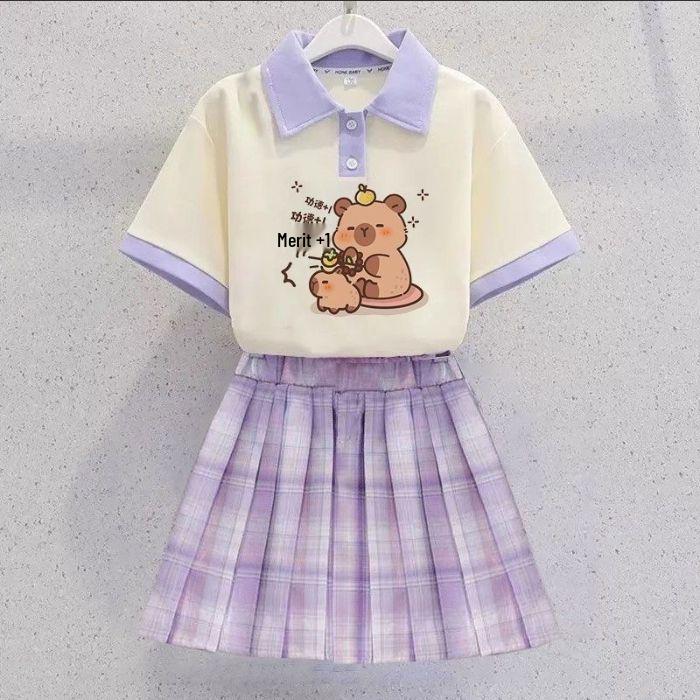 Kuromi Girls' Summer Cartoon JK Skirt Set - Short Sleeve Dress for Middle and Big Kids