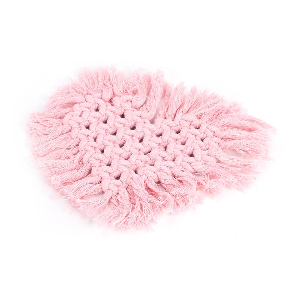 Household Kitchen Cotton Coffee Cup Coaster with Tassel Heat Insulated Pad Placemat Decoration(Pink Heart Shaped)