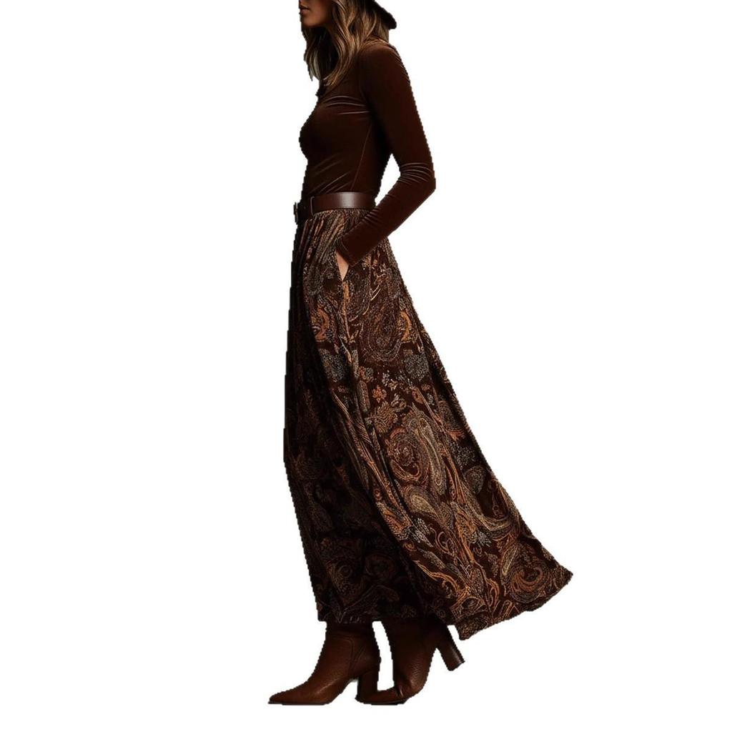 2025 Autumn Slim-Fit Retro Print Skirt Set with Belt