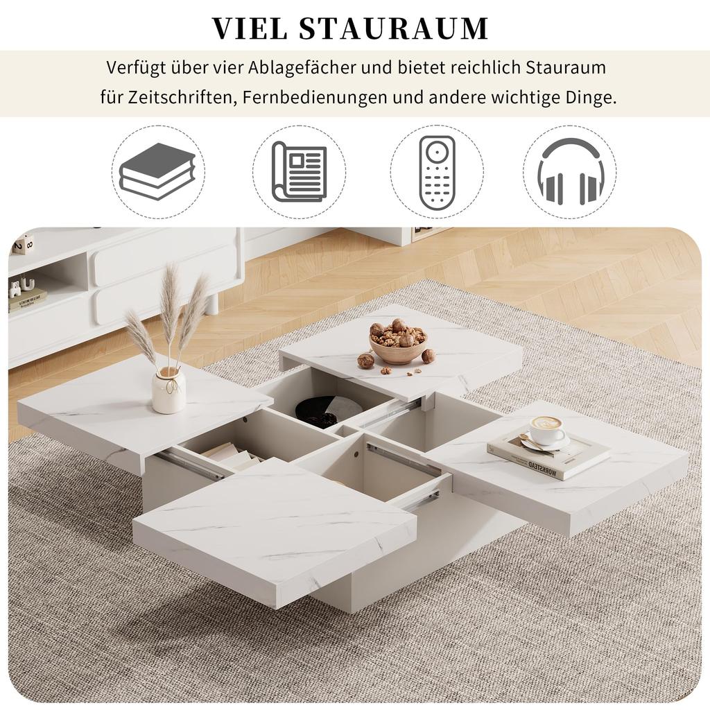 Couchtisch Moderner Ausziehbar, kreativer Sofatisch Kaffeetisch verstecktem Ablagefach, Mitteltisch Wohnzimmer Büro Schlafzimmer, Marmor-Optik