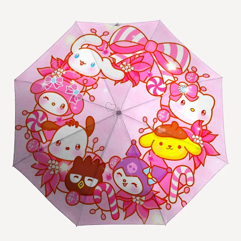 1pc Hello Kitty & Friends Wreath Design Automatic Opening/Closing Umbrella with Portable Tri-Fold Design, 8-Bone Iron Frame Outdoor Umbrella, Festive