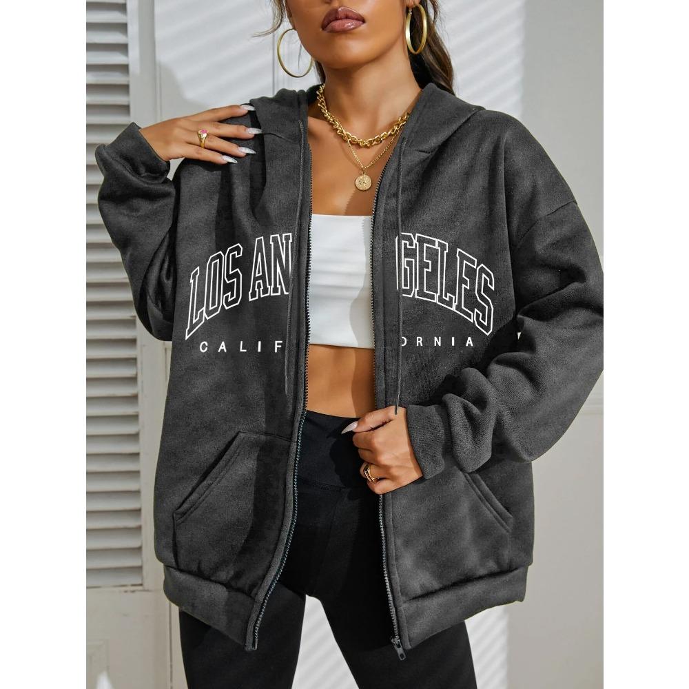 Los Angeles Art Letter Women Zipper Hoodies Hip Hop Fleece Streetwear Comfortable Female Clothes Sportswear
