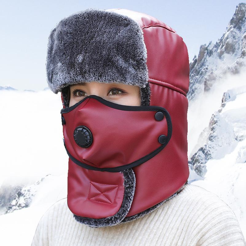 Hat men's winter cold-proof cycling hat outdoor warm breathing valve leather velvet thickened ear hat women