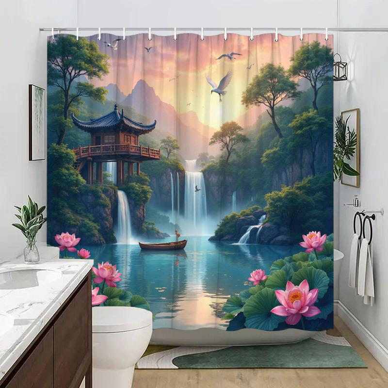 Безмятежный восточный пейзаж, настенный гобелен для умиротворения домашнего интерьера, с изображением потрясающей сцены традиционного китайского павильона W90XH180cm