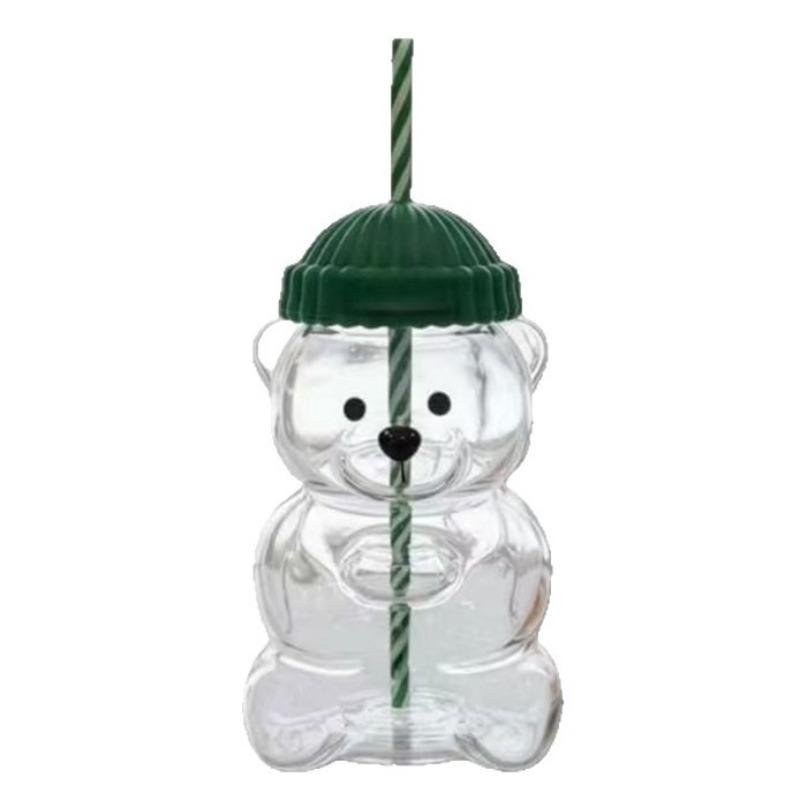 JUSTINLAU Bear Glass Cup with Straw&Lid Coffee Mug Cute Cartoon Creative Glass Juice Cup Tea Cup Drinkware Gift Coffee Cups