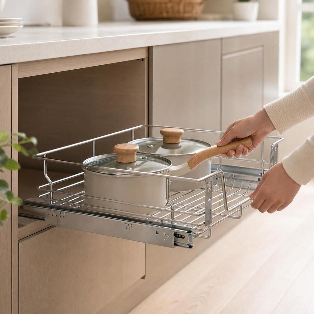 Pull Out Cabinet Organizer Basket Slide Drawer Storage Rack Iron Construction Easy