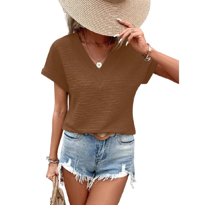 

Womens Tops Summer Textured Short Sleeve V Neck T Shirts Loose Fit Fashion 2026 XL коричневий