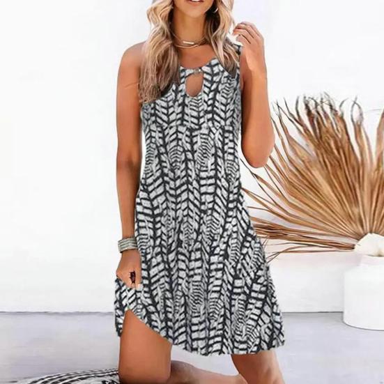 O-Neck Sleeveless Front Hollow Summer Dress A-Line Loose Hem Bohemia Retro Printing Women Mini Dress