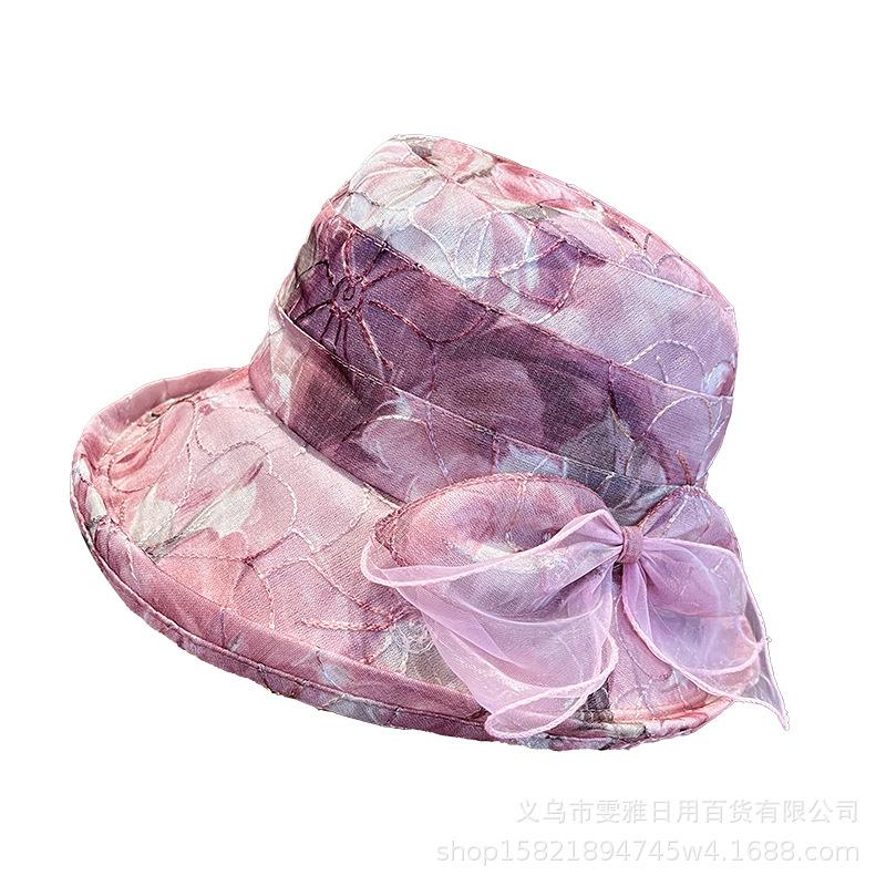 Eugen Yarn Bow Mesh Hat Women's Summer Outdoor Sunshade Sunscreen Hat Casual Breathable Curled Edge Mother Hat