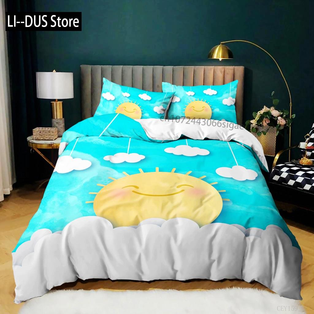 Sky Duvet Cover Set Queen Polyester Blue Sky White Clouds Sun Print Bedding Set For Girl Teen Lovely Children Bedroom Collection