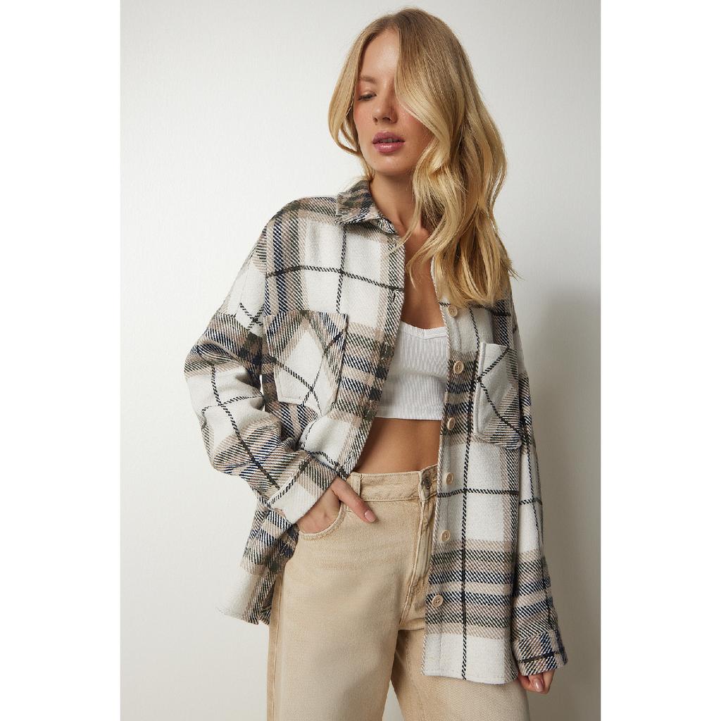 Dámská béžová krémová vzorovaná nadměrná kašmírová košile dřevorubce Tu00034