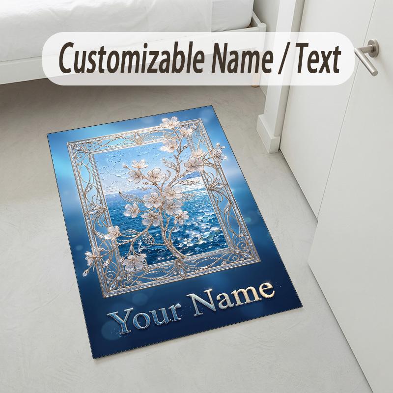Floral Garden Theme Crystal Velvet Rug Personalized Custom Name Text Soft Floor Mat Home Decor
