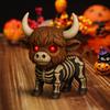 Fall Skeleton Highland Cow Spooky Highland Cow Figurine with Glowing Red Eyes Halloween Tabletop Resin Statue for Home Garden Kitchen Office