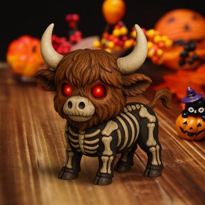 Herbst Skelett Hochlandkuh Gruselige Hochlandkuh Figur mit leuchtenden roten Augen Halloween Tischplatte Harzstatue für Zuhause Garten